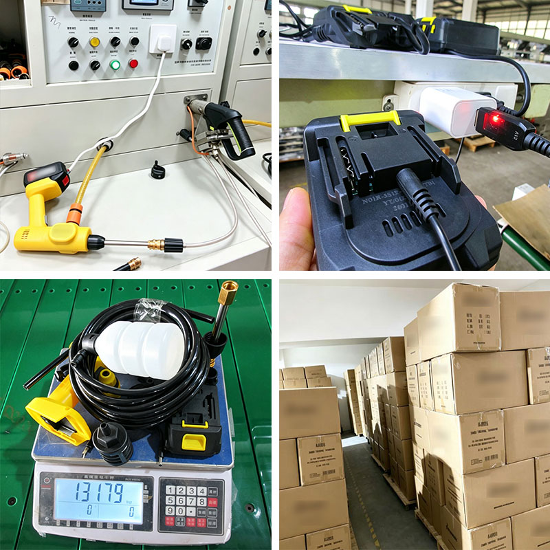 Performance durability test, battery charging test, product weighing inspection and finished‑goods stock warehouse of cordless car washing gun